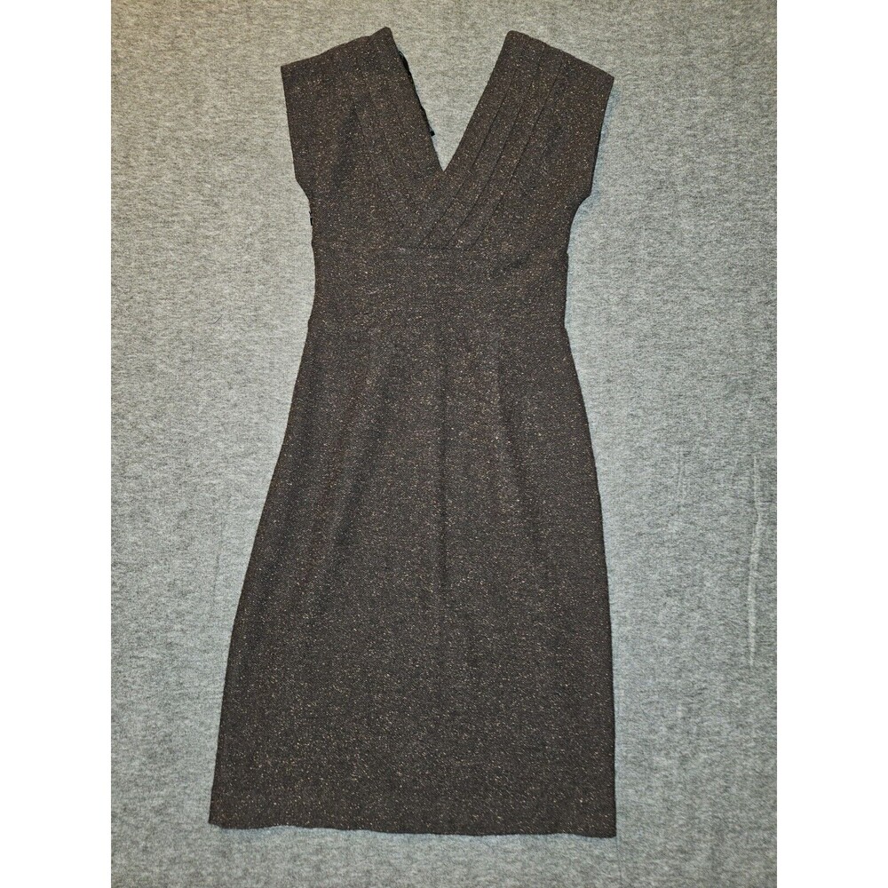 Banana Republic Wool Silk Blend Dress 0 Brown Tweed V-Neck Knee Length Lined - Picture 7 of 8